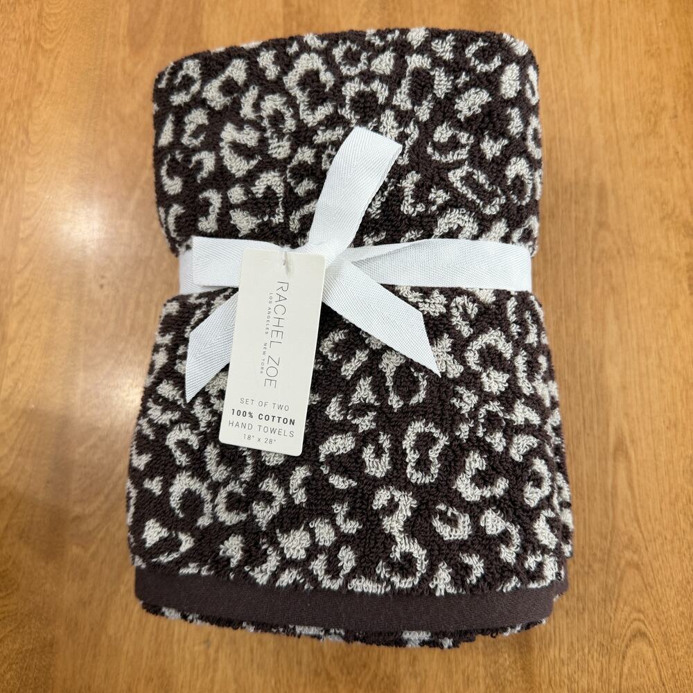 Rachel Zoe Leopard Cheetah Animal Print Hand Towel Set of 2 Brown Beige 18 x 28